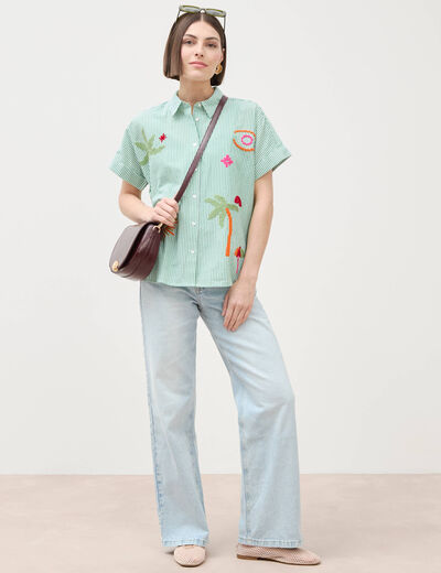 Chemise ample en coton &agrave; broderie vert femme