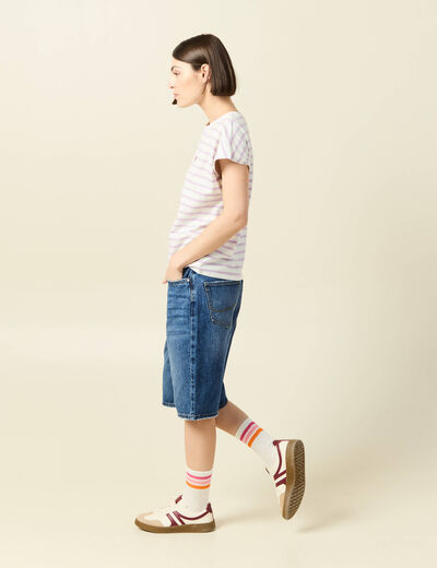 T-shirt ray&eacute; col rond manches courtes creme femme