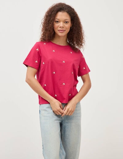 T-shirt droit col rond brod&eacute; en coton rouge clair femme