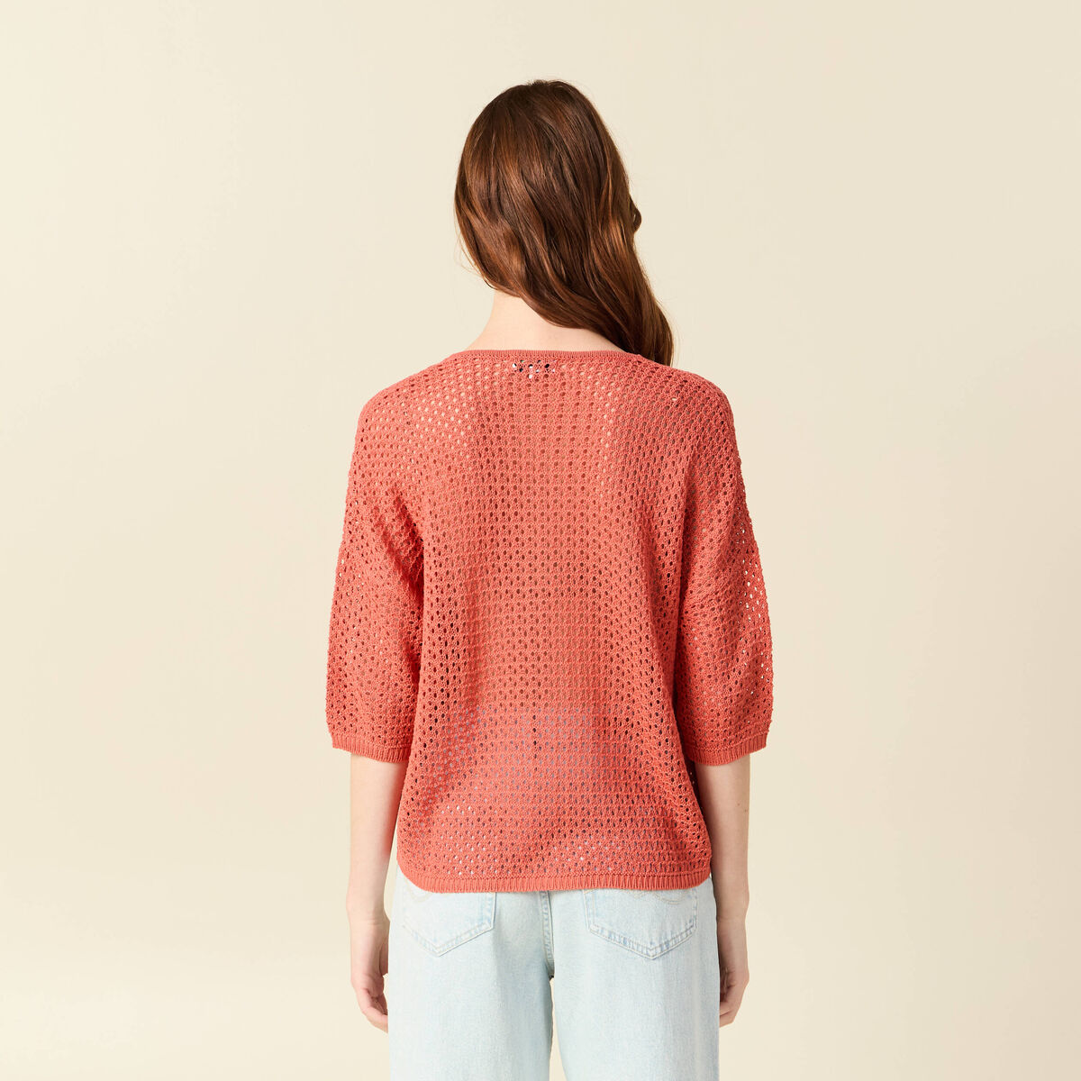 Pull ajour&eacute; col v manches 3/4 rouge fonc&eacute; femme
