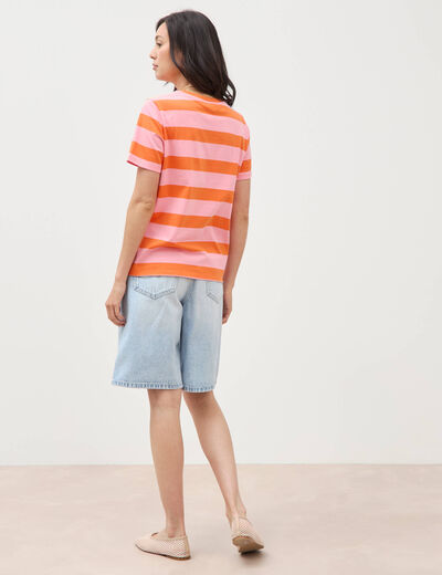 T-shirt ray&eacute; col rond manches courtes orange femme