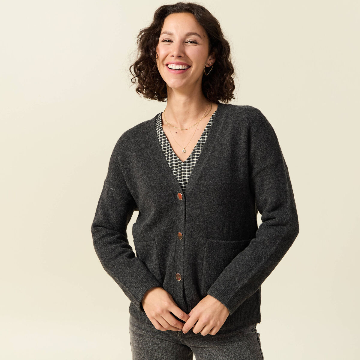 Gilet manches longues gris fonc&eacute; femme
