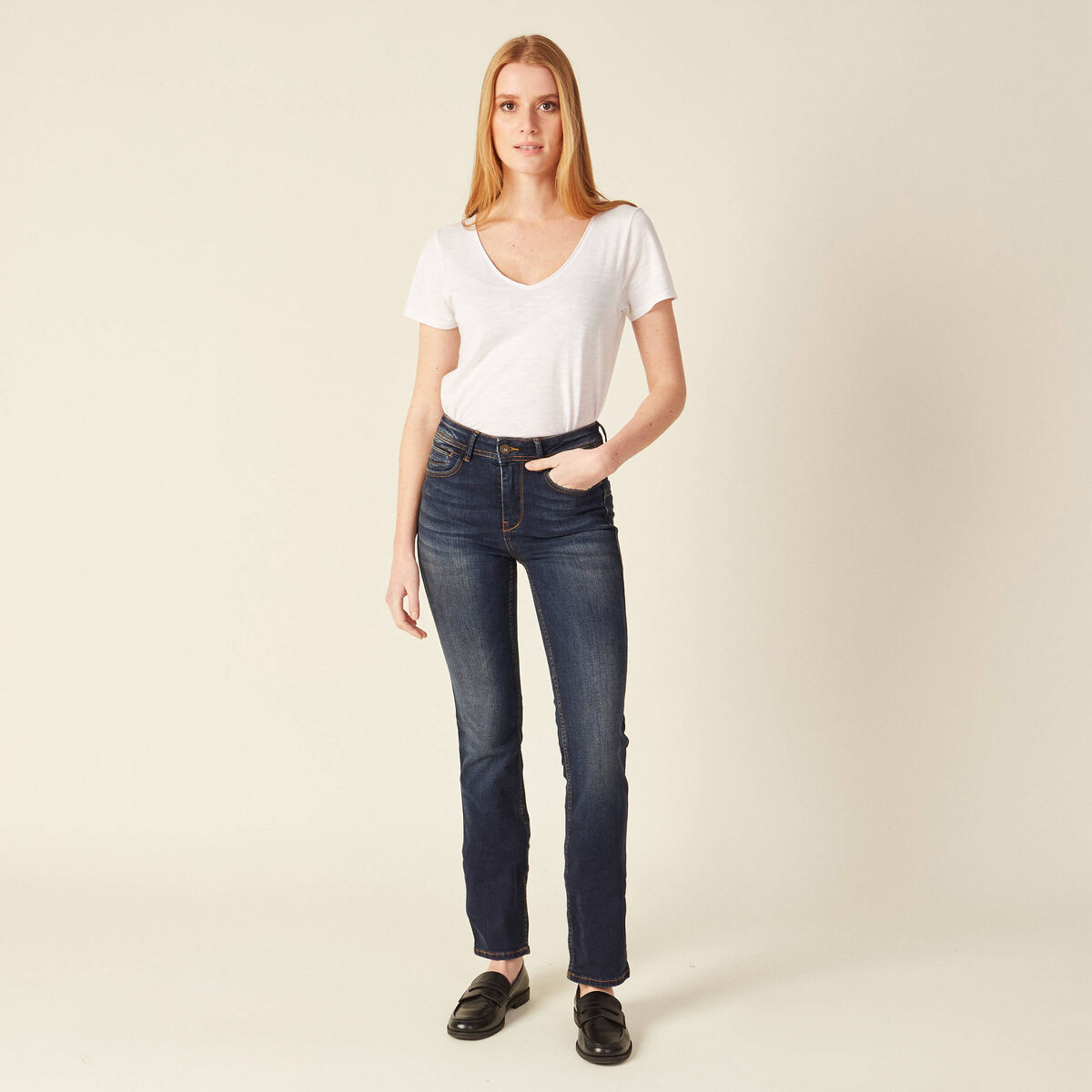 Jeans regular taille haute denim brut femme