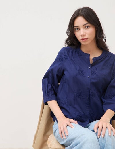 Chemise en coton manches 3/4 bleu marine femme