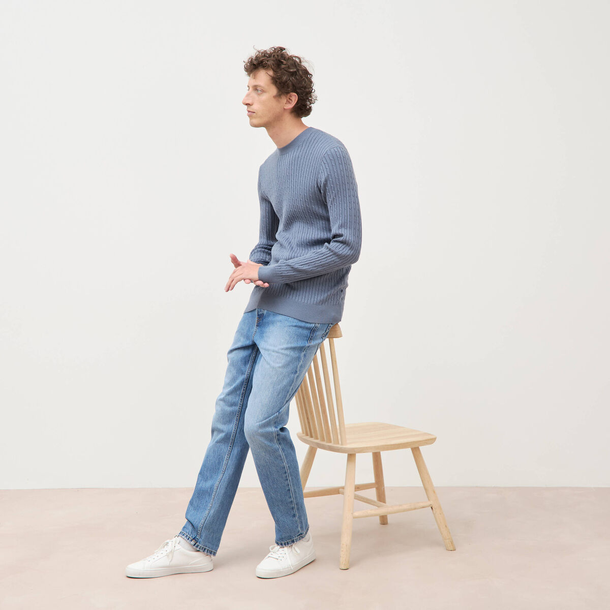 Pull col rond bleu gris homme