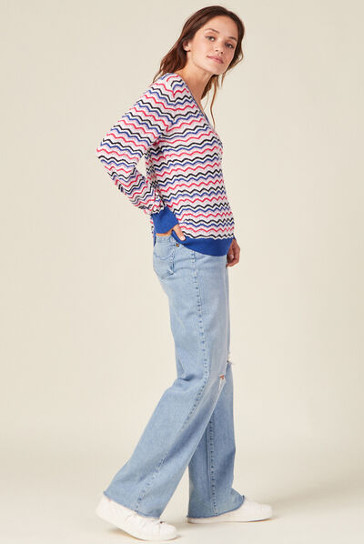 Pull manches longues col en V bleu electrique femme