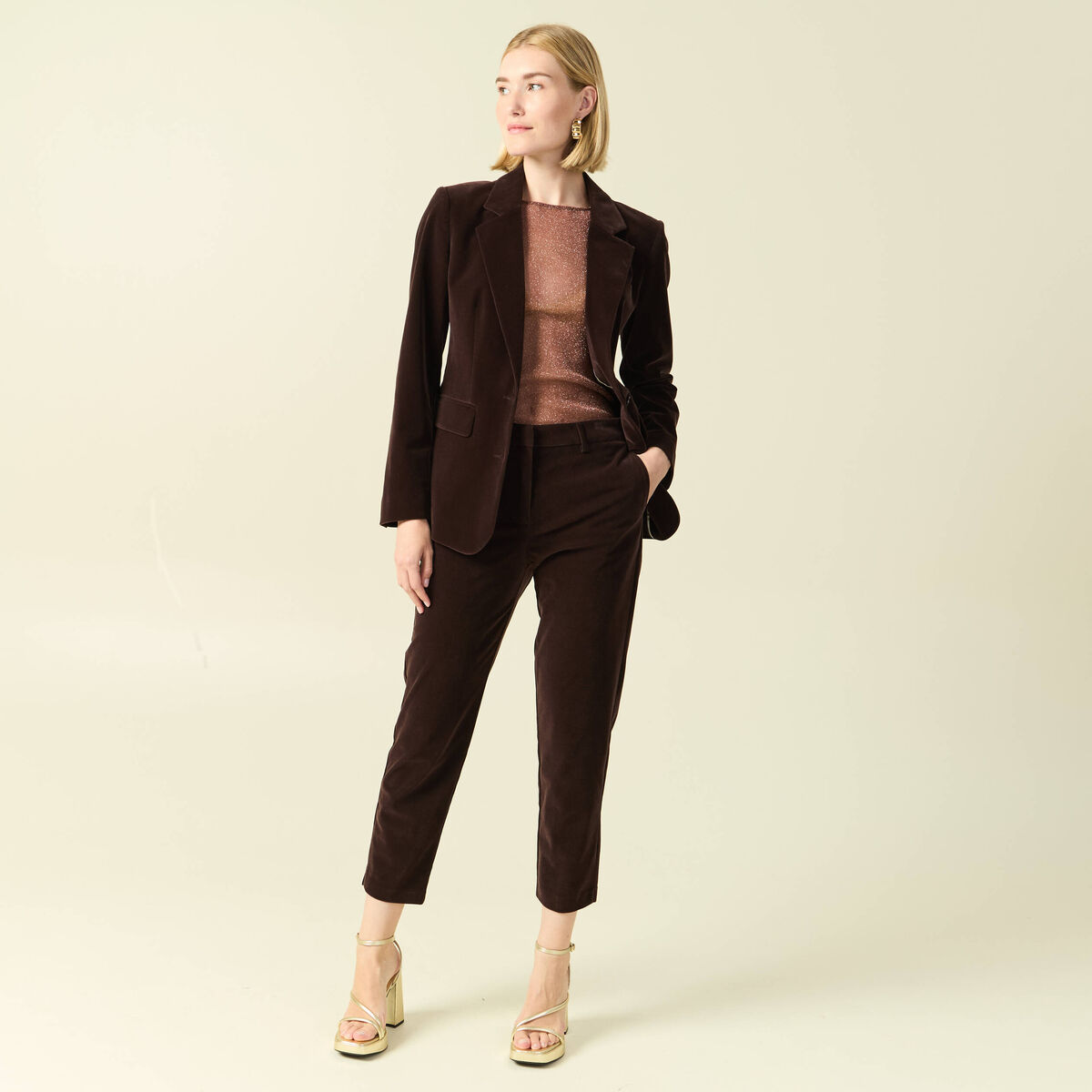 Veste blazer velours marron fonc&eacute; femme