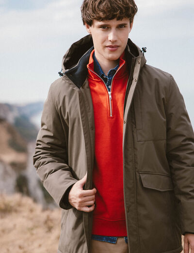 Parka longue droite &agrave; capuche taupe homme