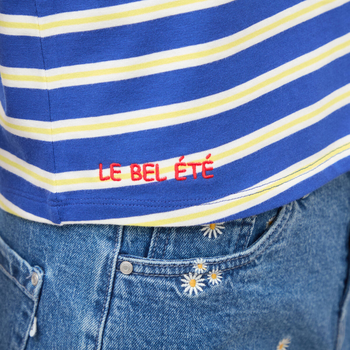 D&eacute;bardeur ray&eacute; col rond en coton bleu femme