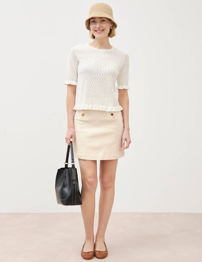 Pull ajour&eacute; droit manches courtes ecru femme