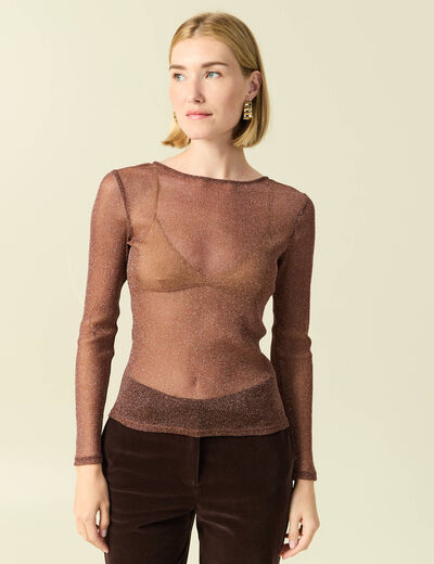 T-shirt manches longues col rond marron femme