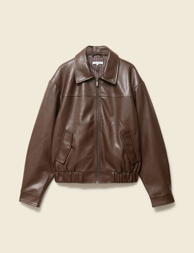 Blouson oversize manches longues doubl&eacute; marron femme