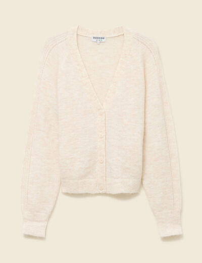 Gilet ajour&eacute; col V manches longues creme femme