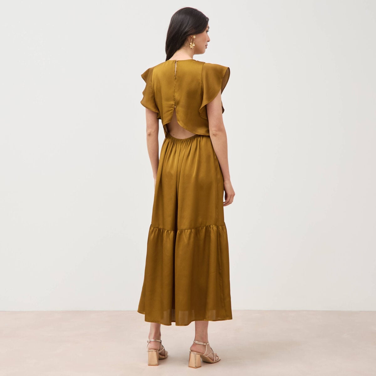 Robe fluide col v manches courtes vert olive femme