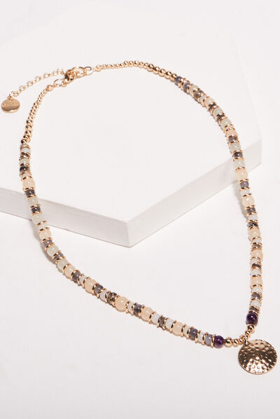 Collier à pendentif et perles vert kaki femme