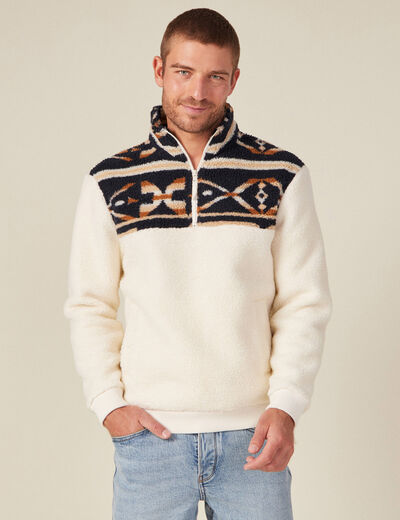 Sweat col camionneur zippé ecru homme
