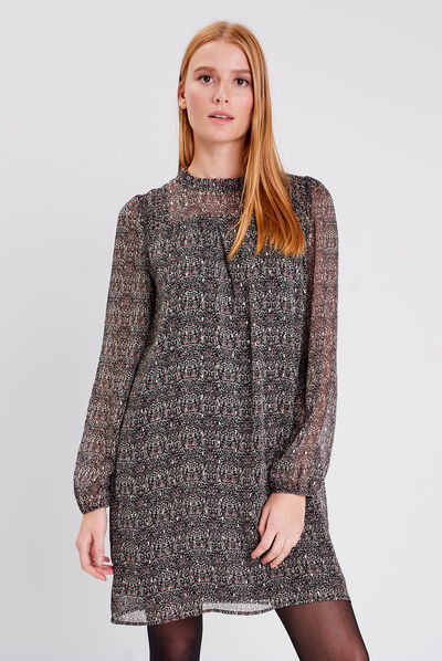 Robe évasée fluide col volants noir femme