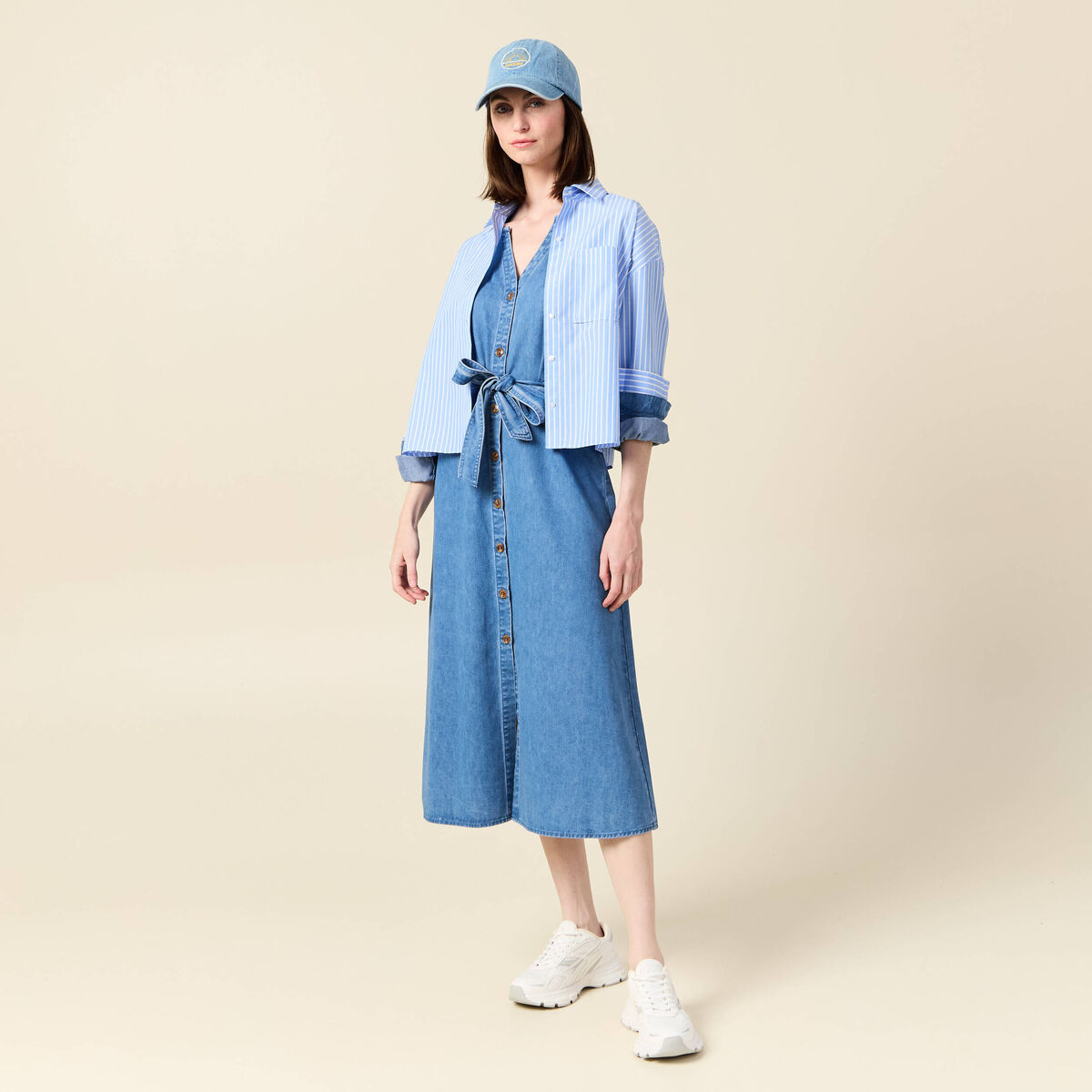 Robe longue évasée en jean denim used femme