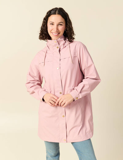 Parka longue droite d&eacute;perlante &agrave; capuche rose pastel femme