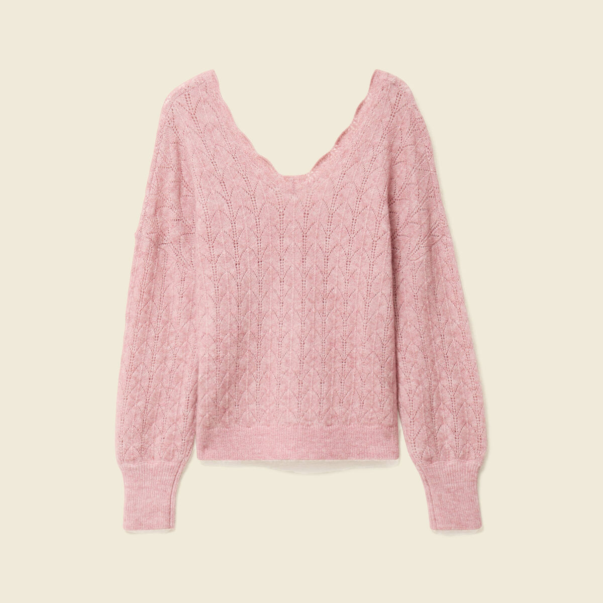 Gilet ajour&eacute; col V manches longues rose pastel femme