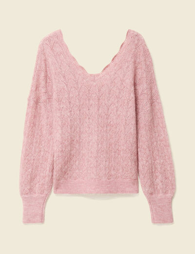 Gilet ajour&eacute; col V manches longues rose pastel femme
