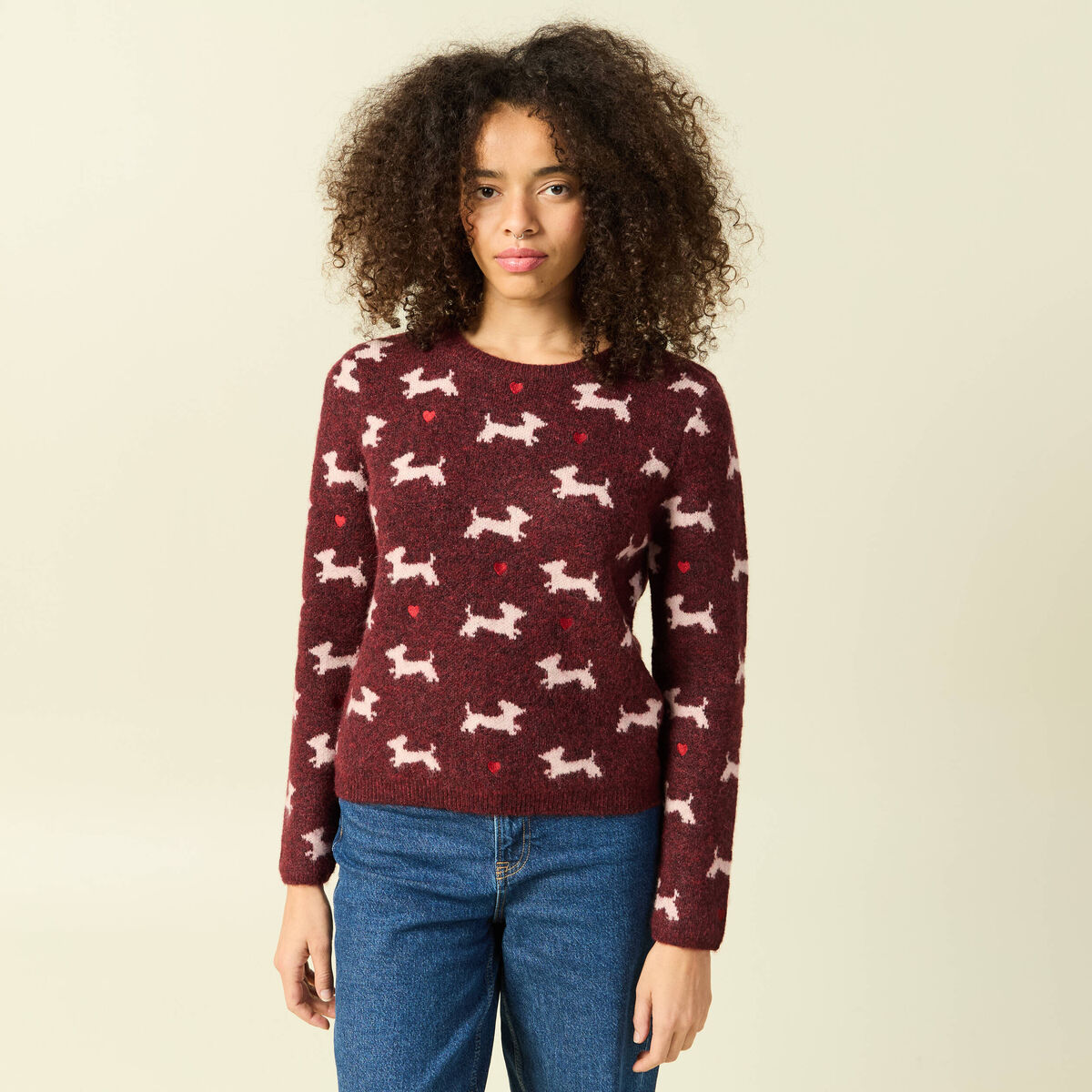 Pull de no&euml;l col rond manches longues prune femme