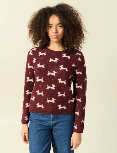 Pull de no&euml;l col rond manches longues prune femme