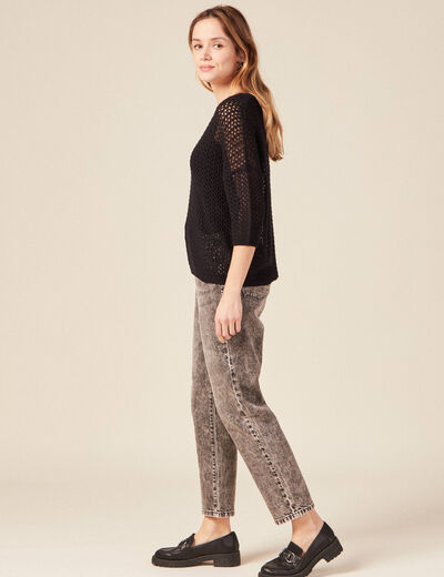 Pull ajour&eacute; col v manches 3/4 noir femme