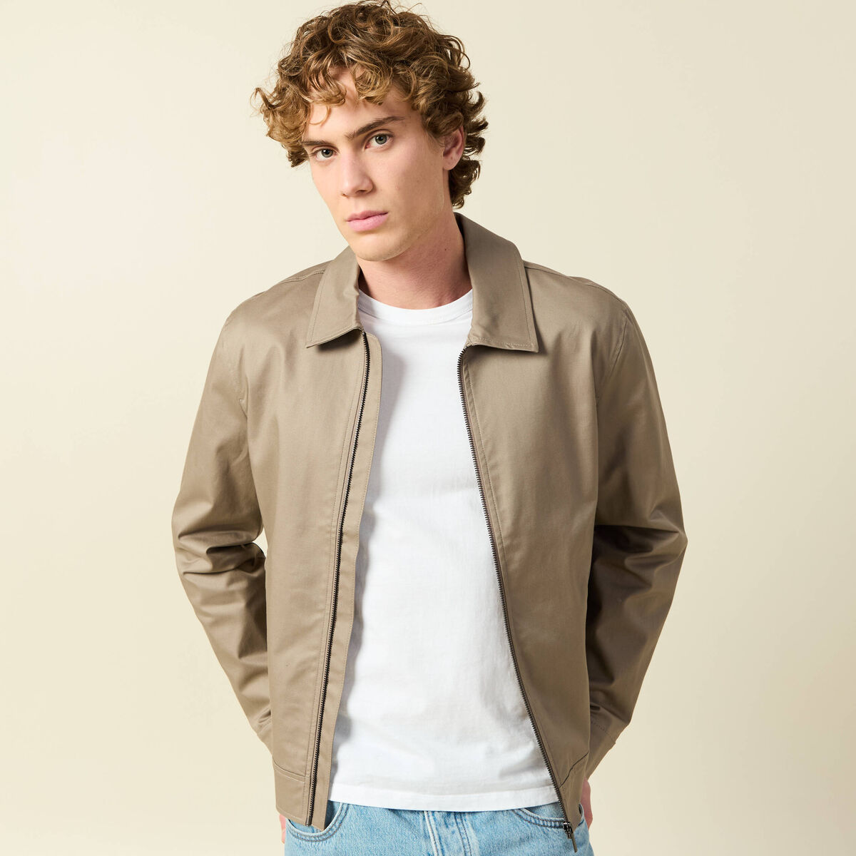 Blouson manches longues doubl&eacute; taupe homme