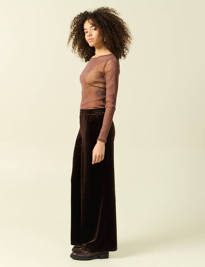 Pantalon large taille haute en velours marron fonc&eacute; femme