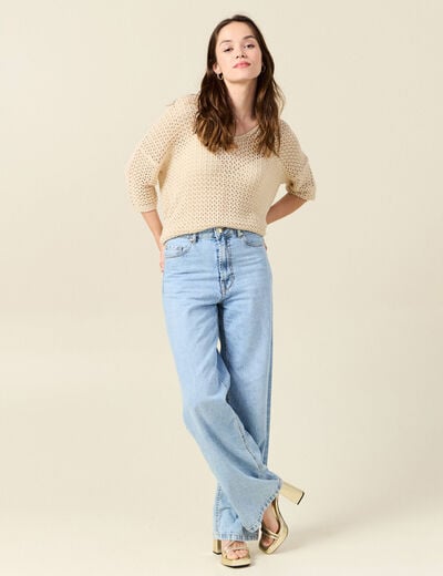 Pull ajour&eacute; col v manches 3/4 creme femme