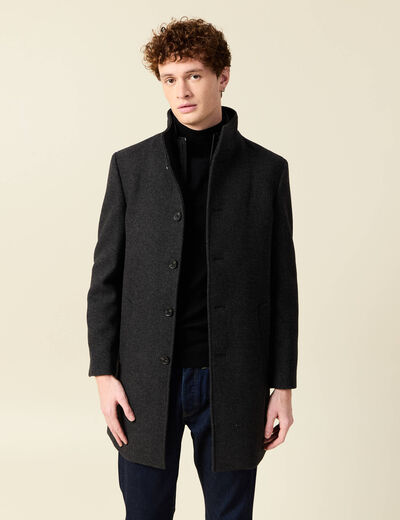 Manteau droit long col montant noir homme