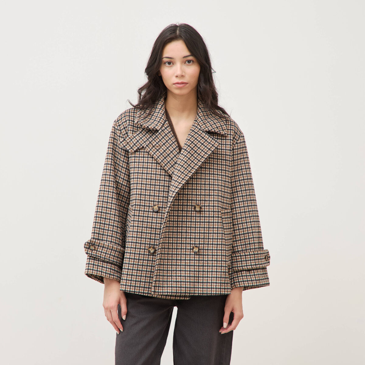 Caban oversize court col tailleur marron femme