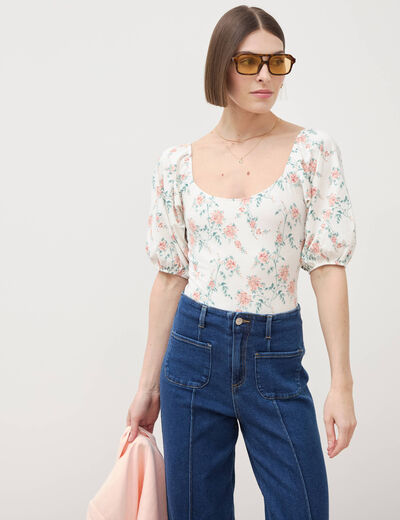 Body col bateau manches bouffantes blanc femme