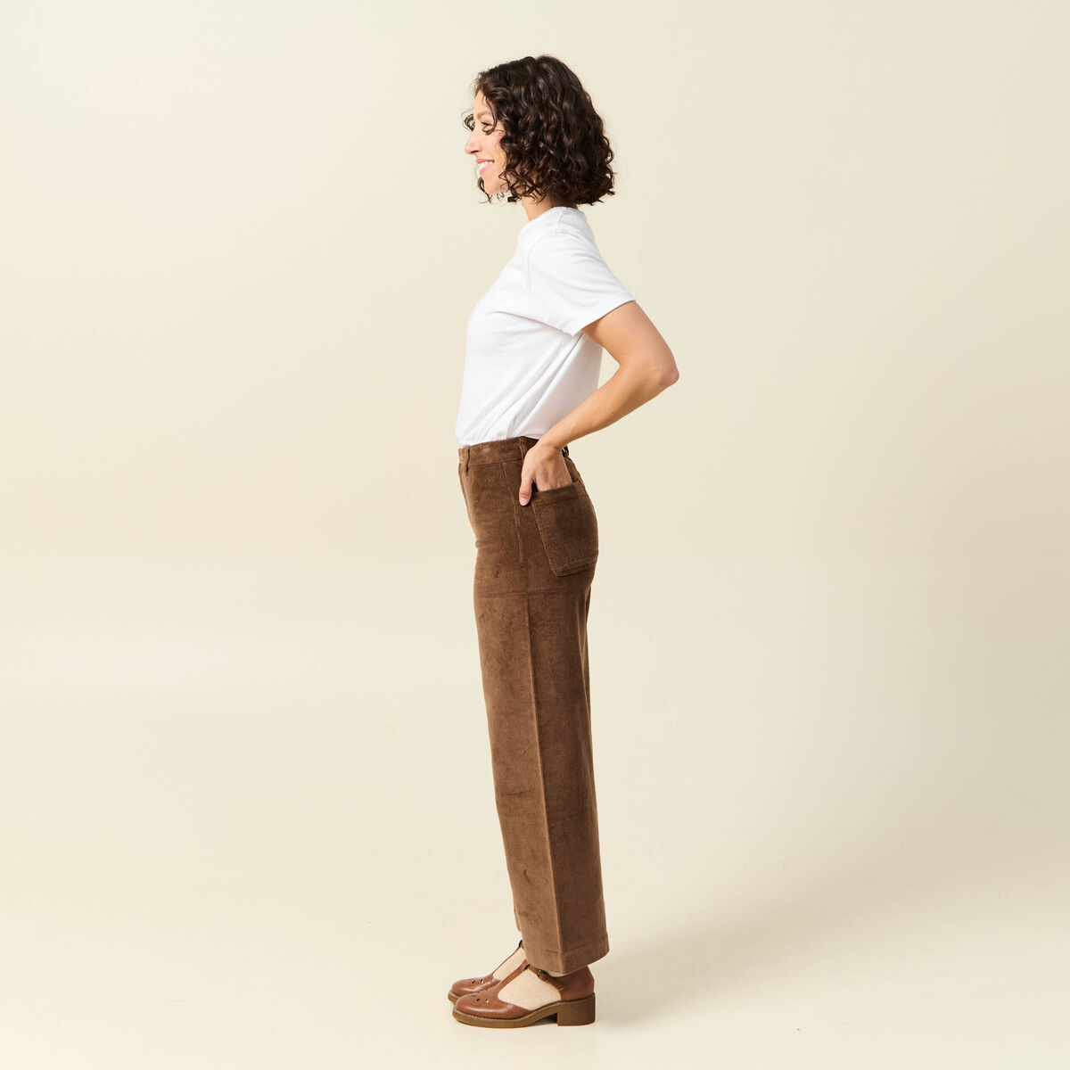 Pantalon large taille haute en velours vieux rose femme