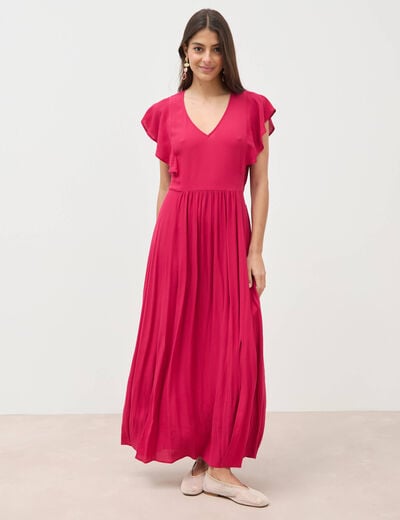 Robe fluide col v manches courtes rouge clair femme