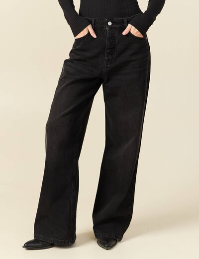 Jeans large taille haute denim noir femme