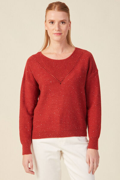 Pull manches longues sequins rouge foncé femme