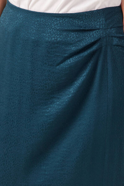 Jupe midi droite fendue satin bleu canard femme