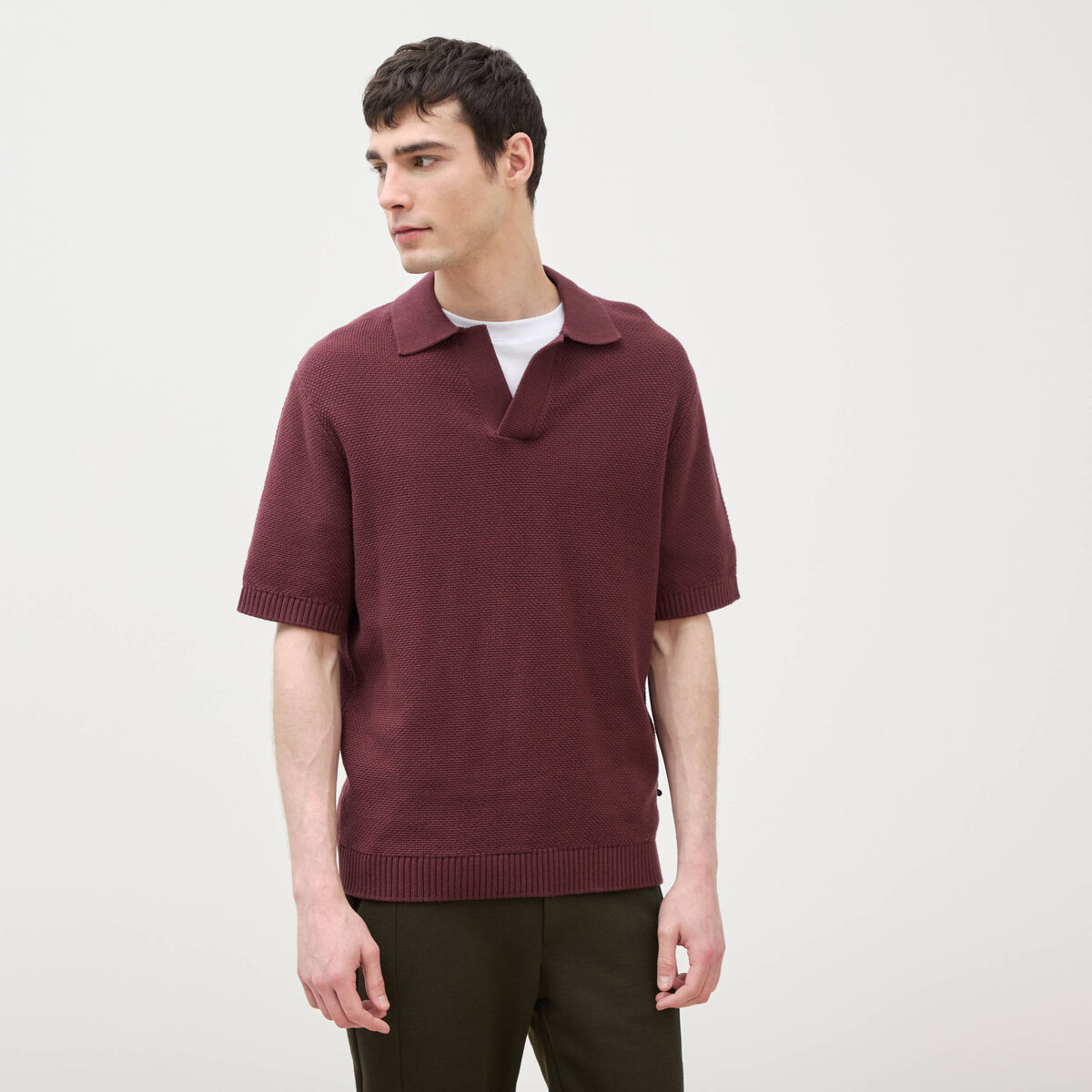 Polo ample col cubain manches courtes prune homme