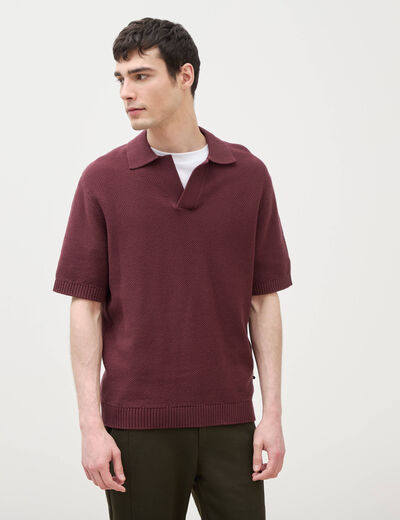 Polo ample col cubain manches courtes prune homme