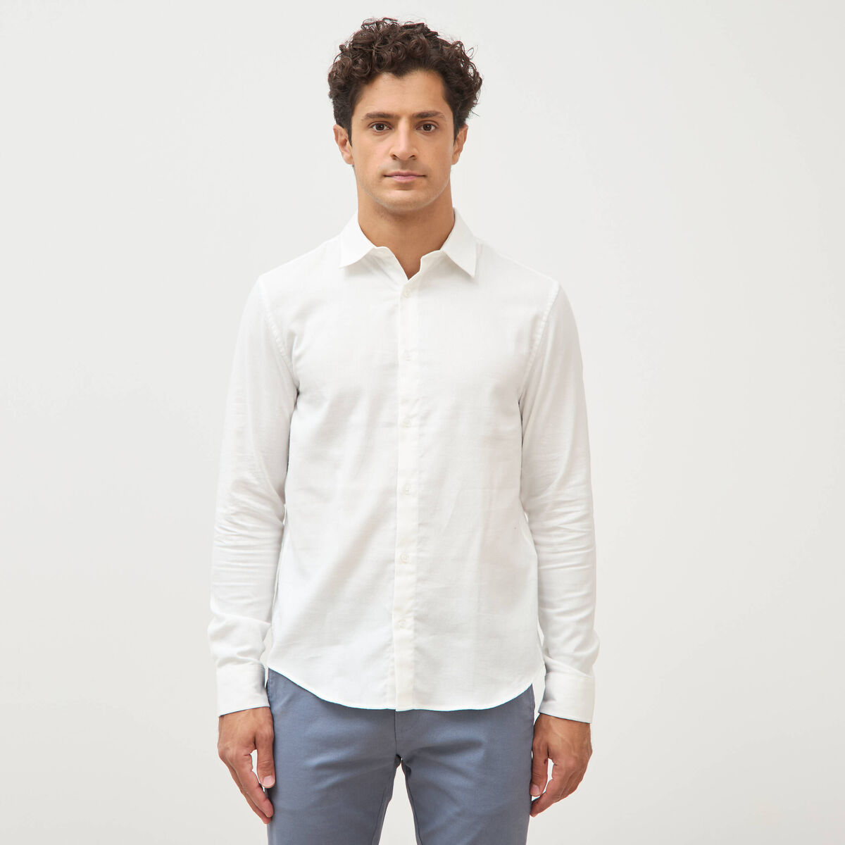 Chemise droite en coton manches longues ecru homme