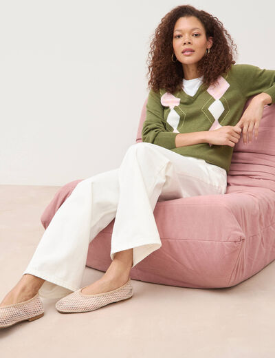 Pull col v manches longues vert femme