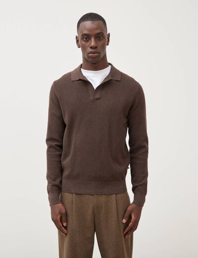 Pull droit col polo manches longues marron homme
