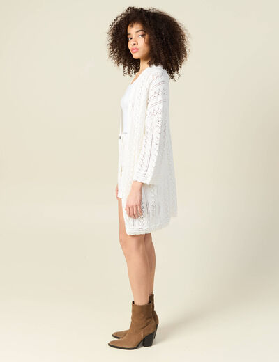 Gilet long ajouré ecru femme
