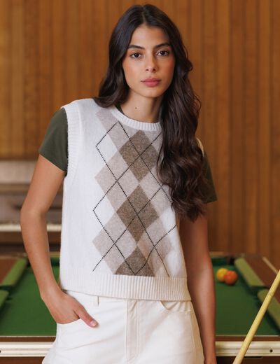 Pull sans manches col rond ecru femme