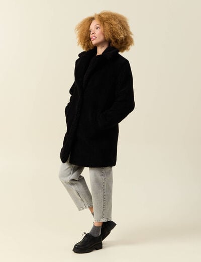 Manteau long laine mouton noir femme