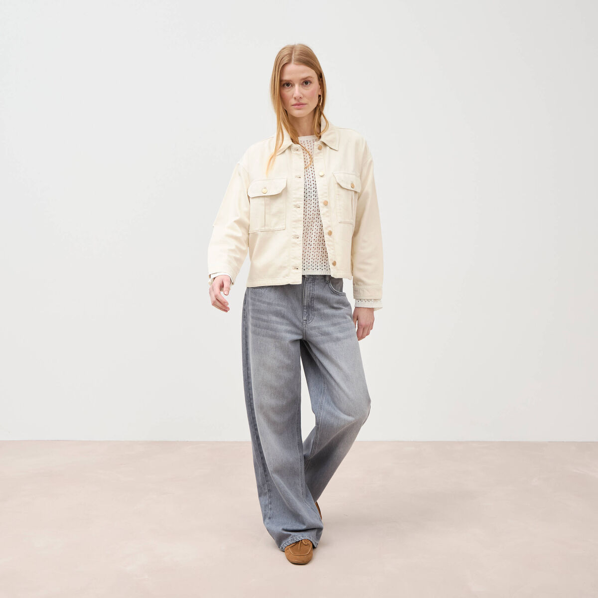 Blouson manches longues col classique denim blanc femme
