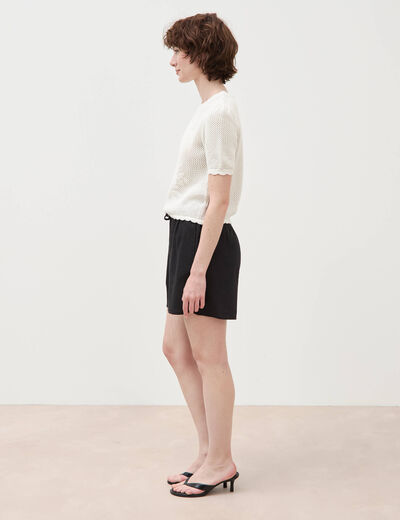 Pull ajour&eacute; droit court manches courtes creme femme