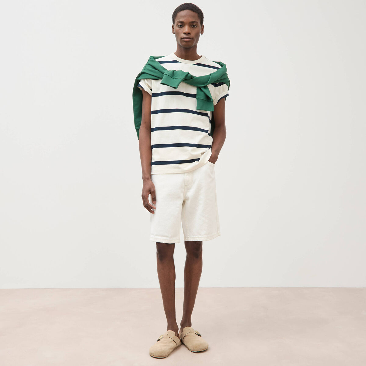T-shirt col rond manches au coude ecru homme